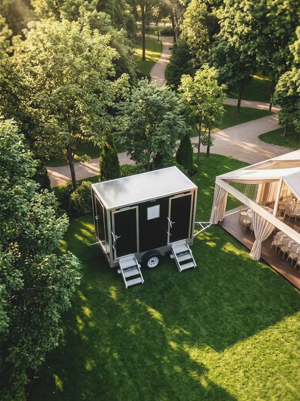 Aerial view of a restroom trailer set on a garden lawn beside a wedding tent